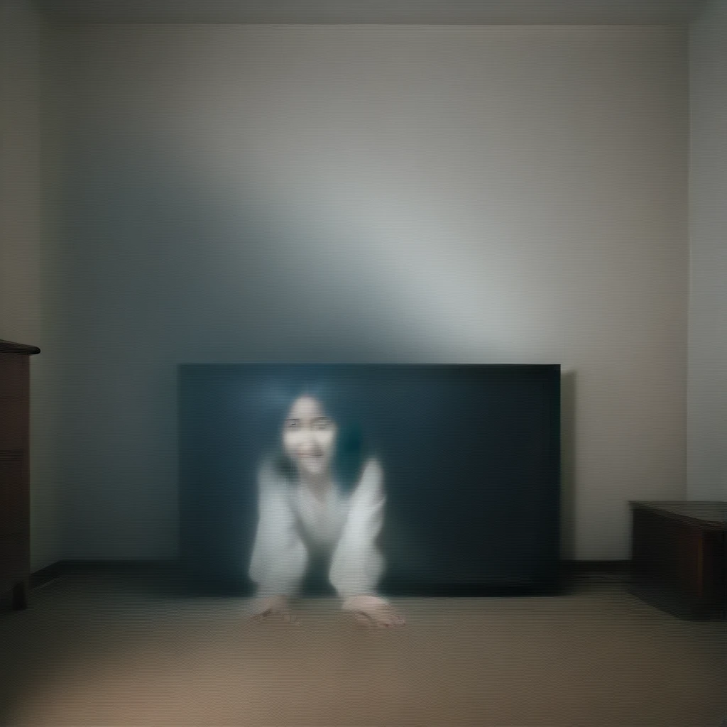 horror film, yamamura sadako, A ghost crawling out of a small static-lit CRT television through a portal, A perfect smile、Mischievous smile、Lighting screen,Face the viewer, (Crawling Pose),Large, fully furnished living room, both hands on the floor, bending over in Crawling Pose with two hands press on the floor , "To Heheh" and "ring,"Super long black hair,Faces scarred by decay, Covered in scars, and eyes bearing the scars of burns,Wearing a white robe, ,,Crouch down from the frame of the TV screen, ugly, Hate Speech,,Creepy look, ((An old water well and forests shown in the lighting tv screen frame)). An eerie light emanates from the TV screen, Casts an ominous shadow on the wall. Her eerie appearances begin. Half came out, Her ghostly fingers grip the ground, blurring the lines between the digital and the physical,