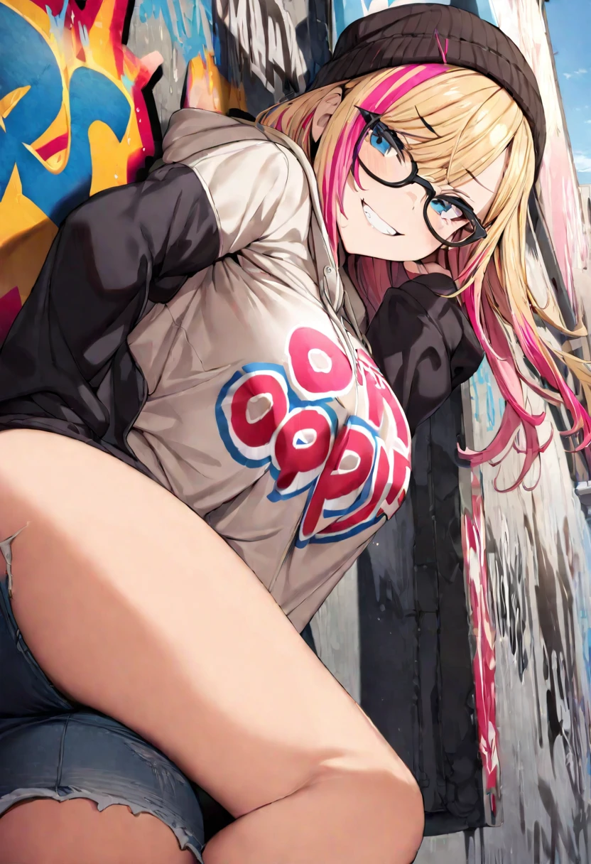 1girl, solo, blonde hair, pink hair, long hair, streaked hair, multicolored hair, blue eyes, eyeliner, glasses, black-framed eyewear, beanie, hoodie, sleeves past wrists, clothes writing, text "OPPAI", large breasts, jeans, torn jeans, thighs, looking at viewer, smug, grin, against wall, graffiti, (masterpiece), (best quality), (ultra-detailed), very aesthetic, illustration, perfect composition, intricate details, absurdres, 