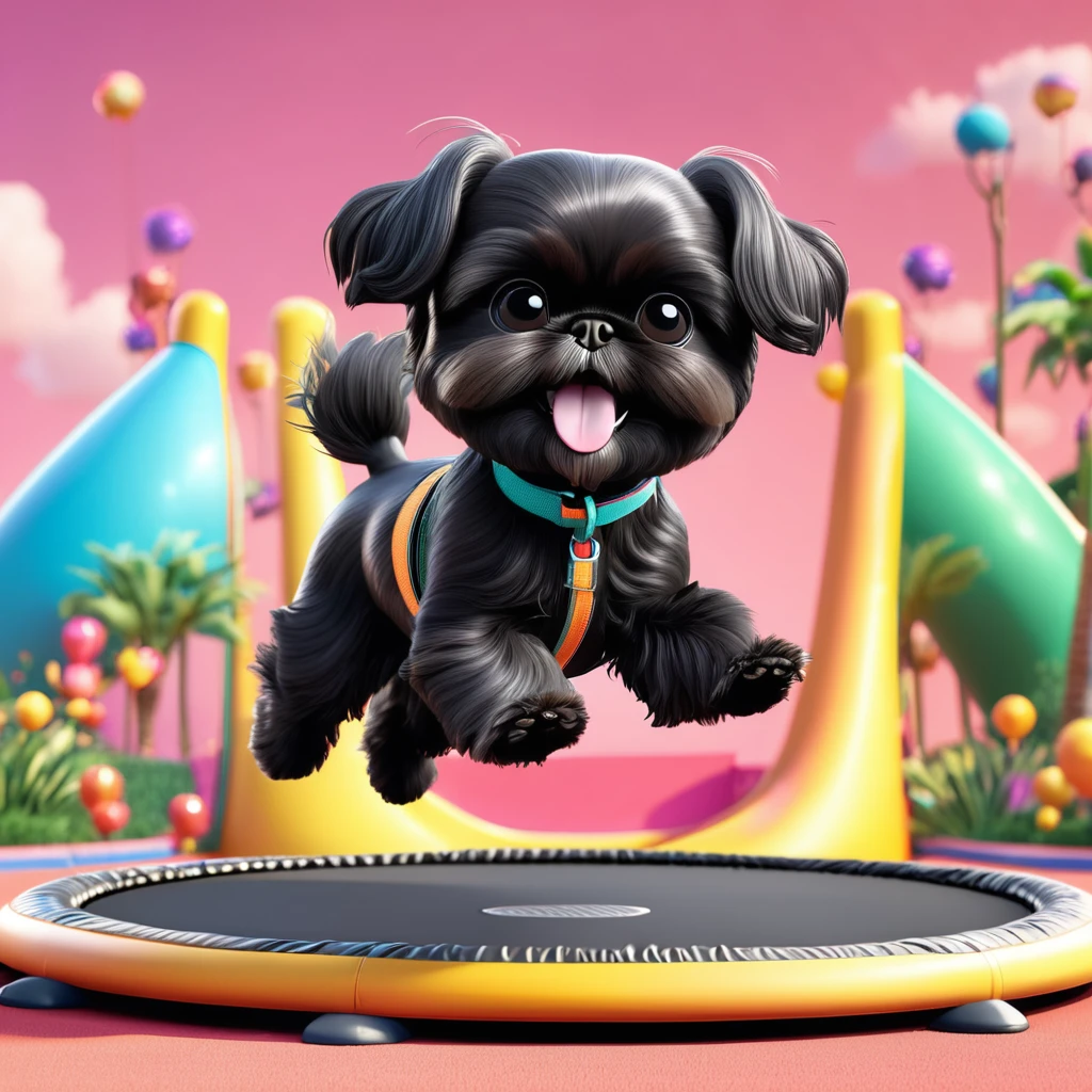 2 Adorable small black Shih Tzu puppies wearing bright sunglasses jumping on trampoline Disney background 3d cartoon 3d render disney pixar style