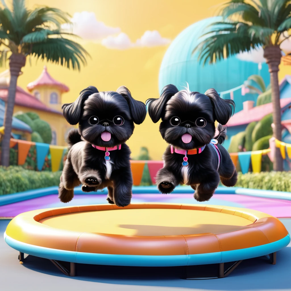 2 Adorable small black Shih Tzu puppies wearing bright sunglasses jumping on trampoline Disney background 3d cartoon 3d render disney pixar style