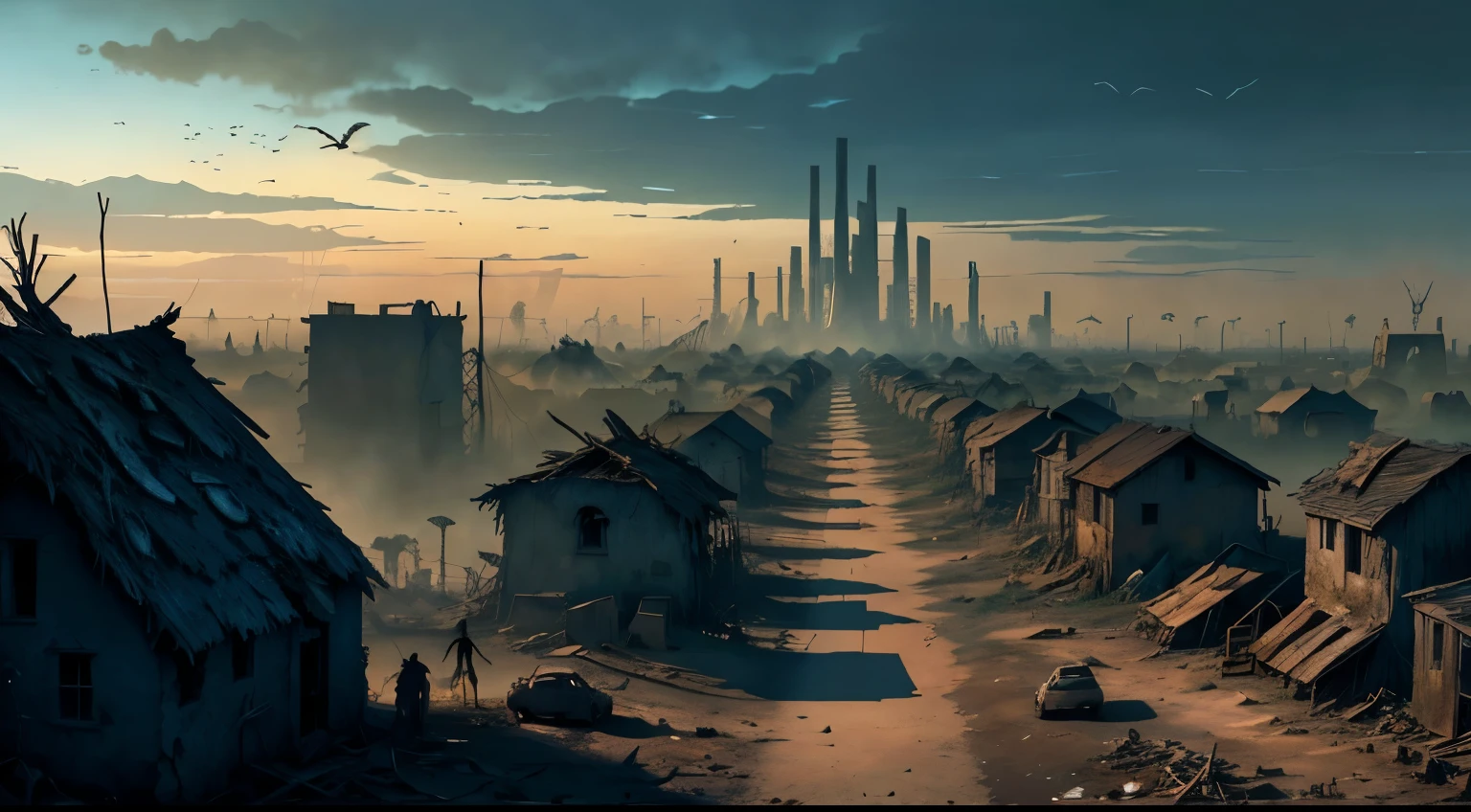 An African village with many birds flying around, bleak Apocalyptic Environment, Ruined town, harrowing Apocalyptic atmosphere, post Apocalyptic atmosphere, Apocalyptic landscape, Apocalyptic Scene, A destroyed city in the background, Realistic apocalyptic war scene, Apocalyptic Environment, post Apocalyptic landscape, Apocalyptic Scenery, Apocalyptic Background, post Apocalyptic Background, Apocalyptic atmosphere, post Apocalyptic Scene, Landscape of the Apocalypse, Post-apocalyptic perspective, blue sky
