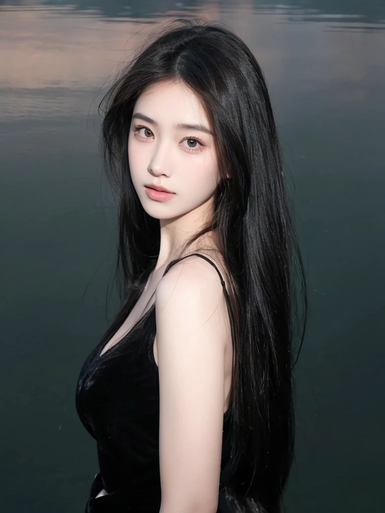 Middle-parted bangs and long straight hair,Hair dark brown,Natural and beautiful hair,Background simple and clean beautiful lakeside