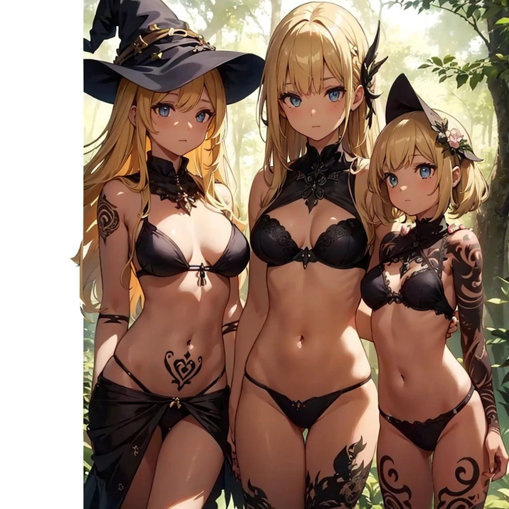 a group of beautiful witch girls in the middle of a forest in the night, tribal tattoo ,multiple girls , blonde hair , standing girl young girl,  girl , sexy 