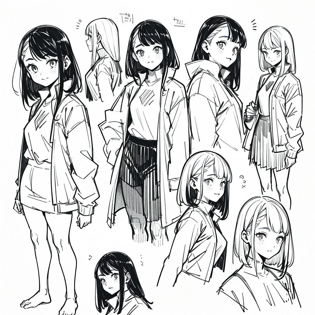 One Girl,Line art,Monochrome,sketch,Pencil drawing,Traditional Media,One Girl, skirt,Cute Teenage Girls, ,Beautiful portrait、Delicate body、Black Hair、Black Hair,landscape,Black and White