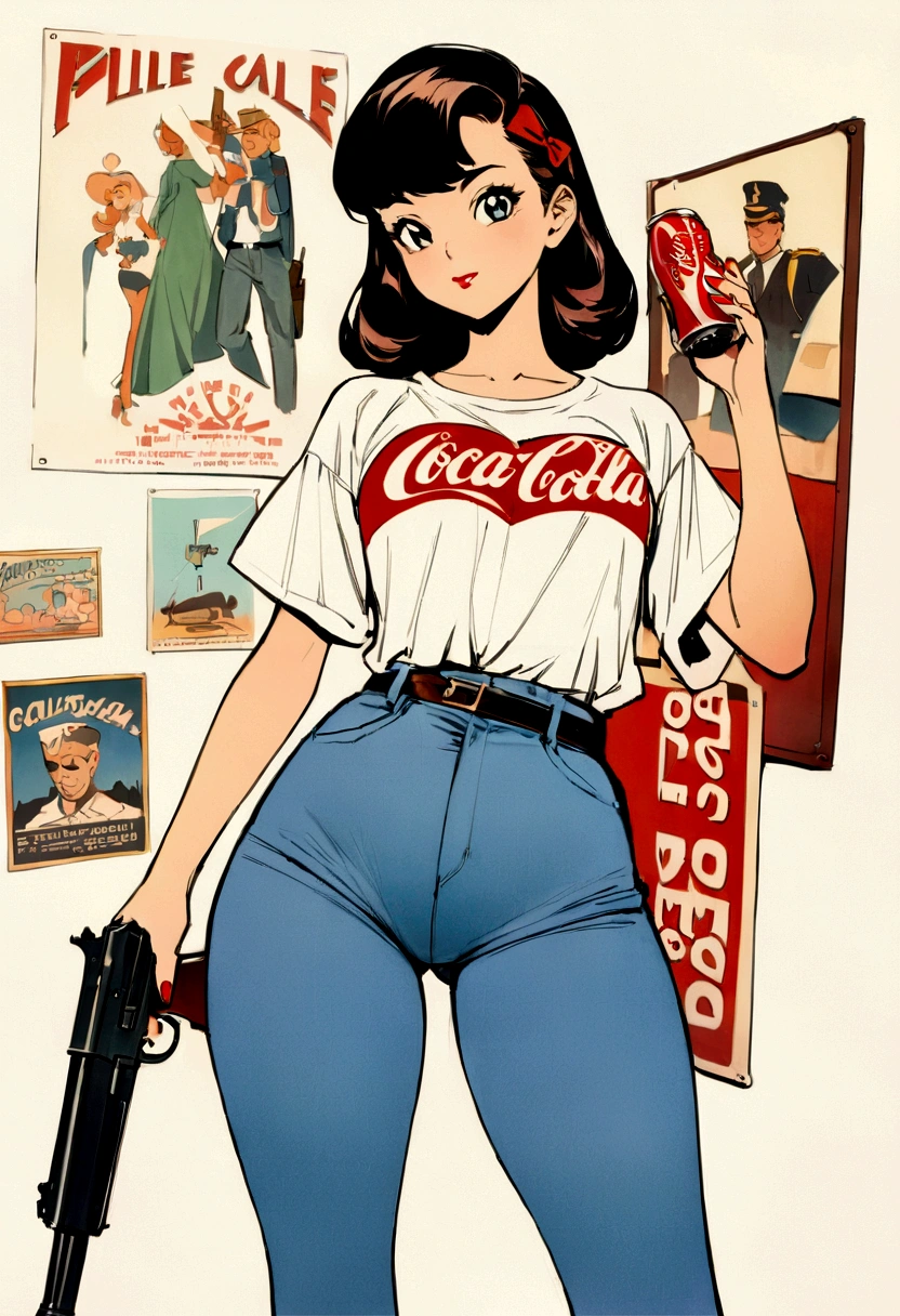 (vintage),(Retro),(Cartel), coca cola advertising with perfect girl, clothing oversized blue jeans and white t-shirt with open waist(sexy), military environment, Masterpiece, Firearms