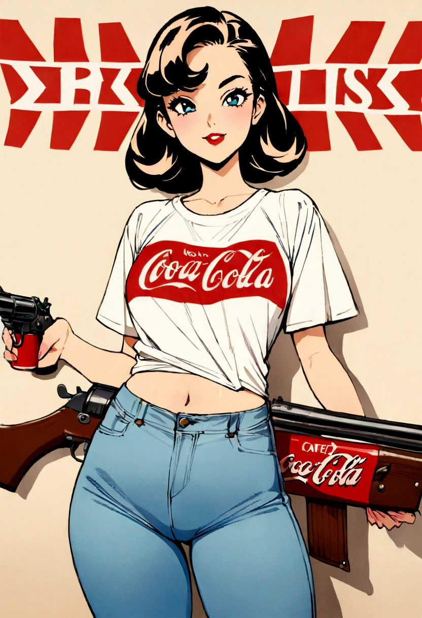 (vintage),(Retro),(Cartel), coca cola advertising with perfect girl, clothing oversized blue jeans and white t-shirt with open waist(sexy), military environment, Masterpiece, Firearms
