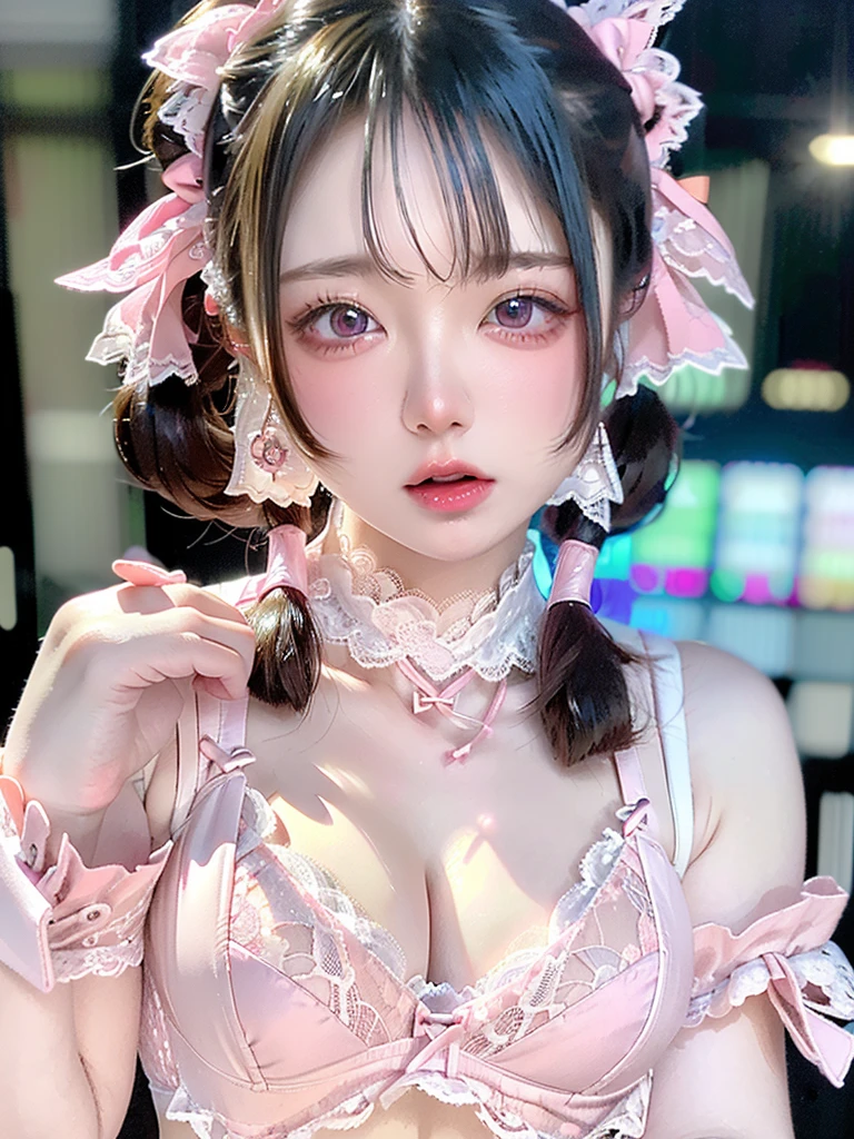 ((Highest quality)),(Ultra-high resolution),(Very detailed),(Detailed Description),((The best CG)),(masterpiece),Very detailedなアート、Small breasts、Whitening 1.5、Translucent white skin、(((Pink lace bra 1.5)))、High Leg 1.4、Ribbon hair ornament、(((Twin Tail Hairstyle 1.5)))Tying up hair、Glitter Necklace、Ultimate Beauty 1.5、((( Place your right hand on your mouth 1.5)))、Open your mouth、(((Mid-shot photo 1.5)))