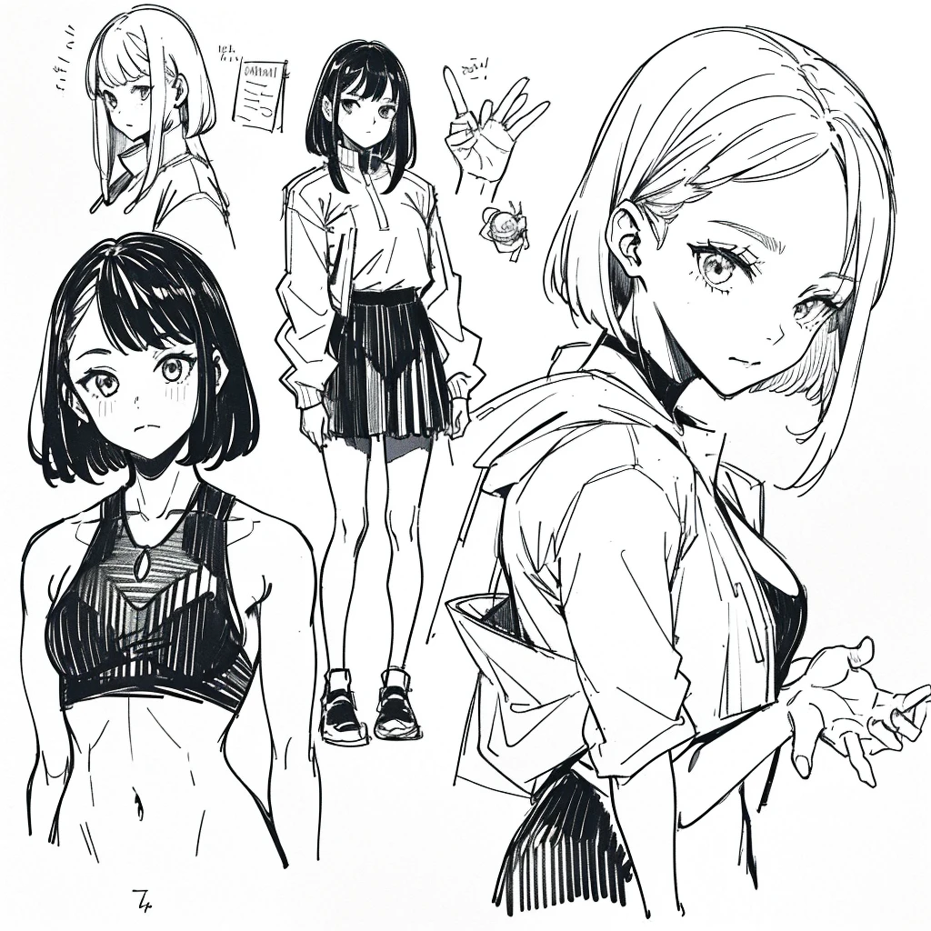 One Girl,Line art,Monochrome,sketch,Pencil drawing,Traditional Media,One Girl, skirt,Cute Teenage Girls, ,Beautiful portrait、Delicate body、Black Hair、Black Hair,landscape,Black and White