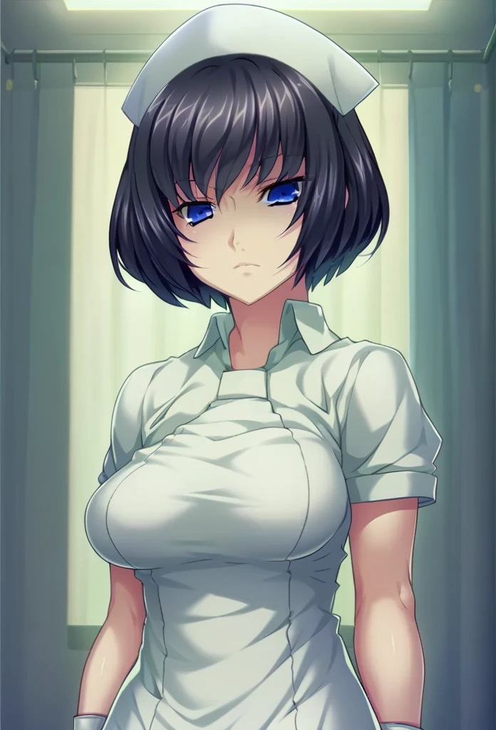 tachibana sb, short hair, black hair, blue eyes, nurse, nurse cap, short sleeves, white latex gloves, hospital private room