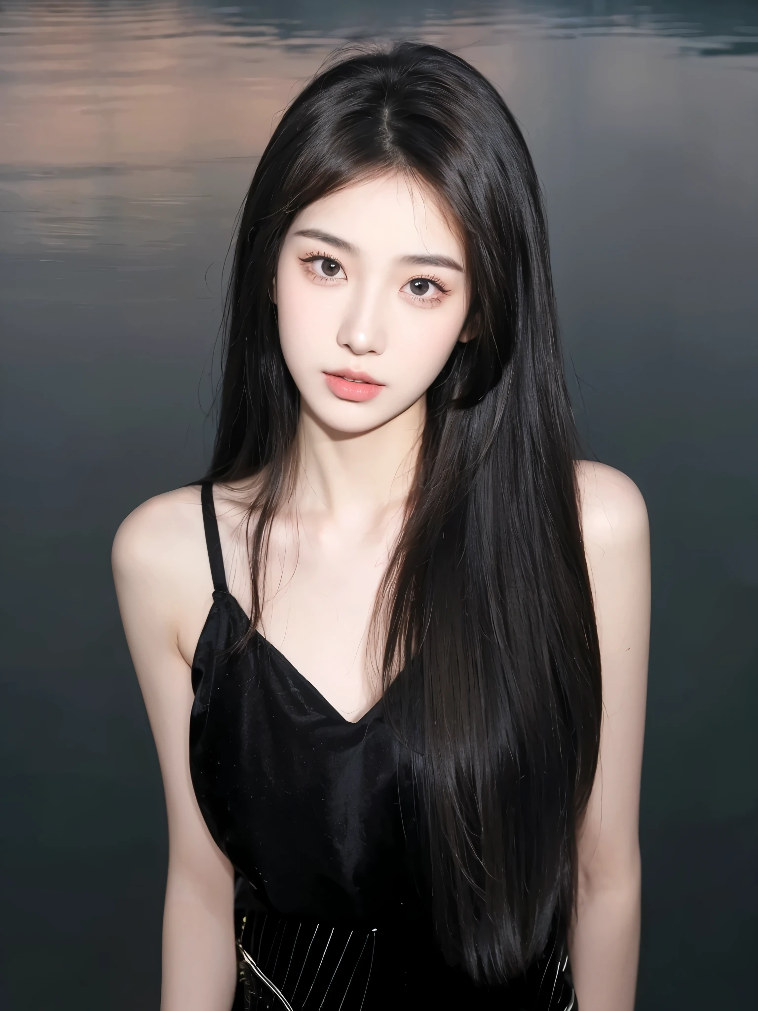 Middle-parted bangs and long straight hair，Hair dark brown，Natural and beautiful hair，Background simple and clean beautiful lakeside