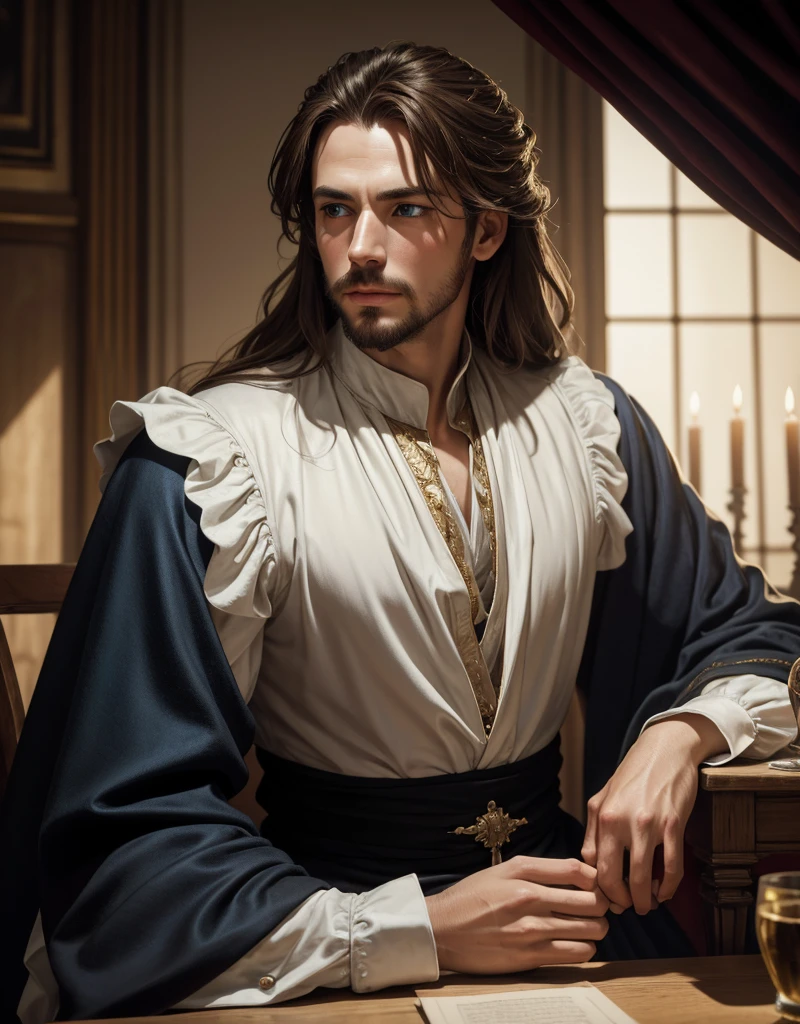 Image from motion picture film, Portrait of Christopher Marlowe, looking forward from position sitting, and in front of you a table, perfect front composition, white skin, piercing icy blue eyes, silky golden-brown hair, refined features, charp jawline, clean shaved, black Elizabethan velvet jerkin, white laced shirt, realism, high quality, 8 k artistic photography, in high trend of Artstation, soft, chiaroscuro, oil on canvas