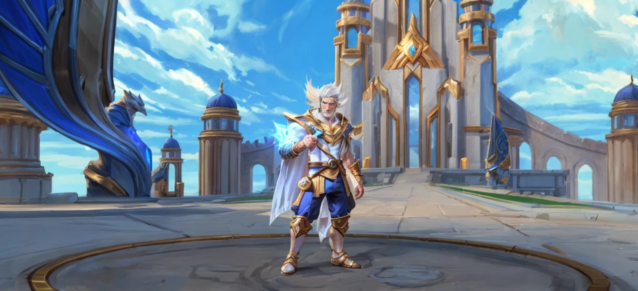 A handsome man, white hair, striking look, scar on his face, time traveler, league of legends style