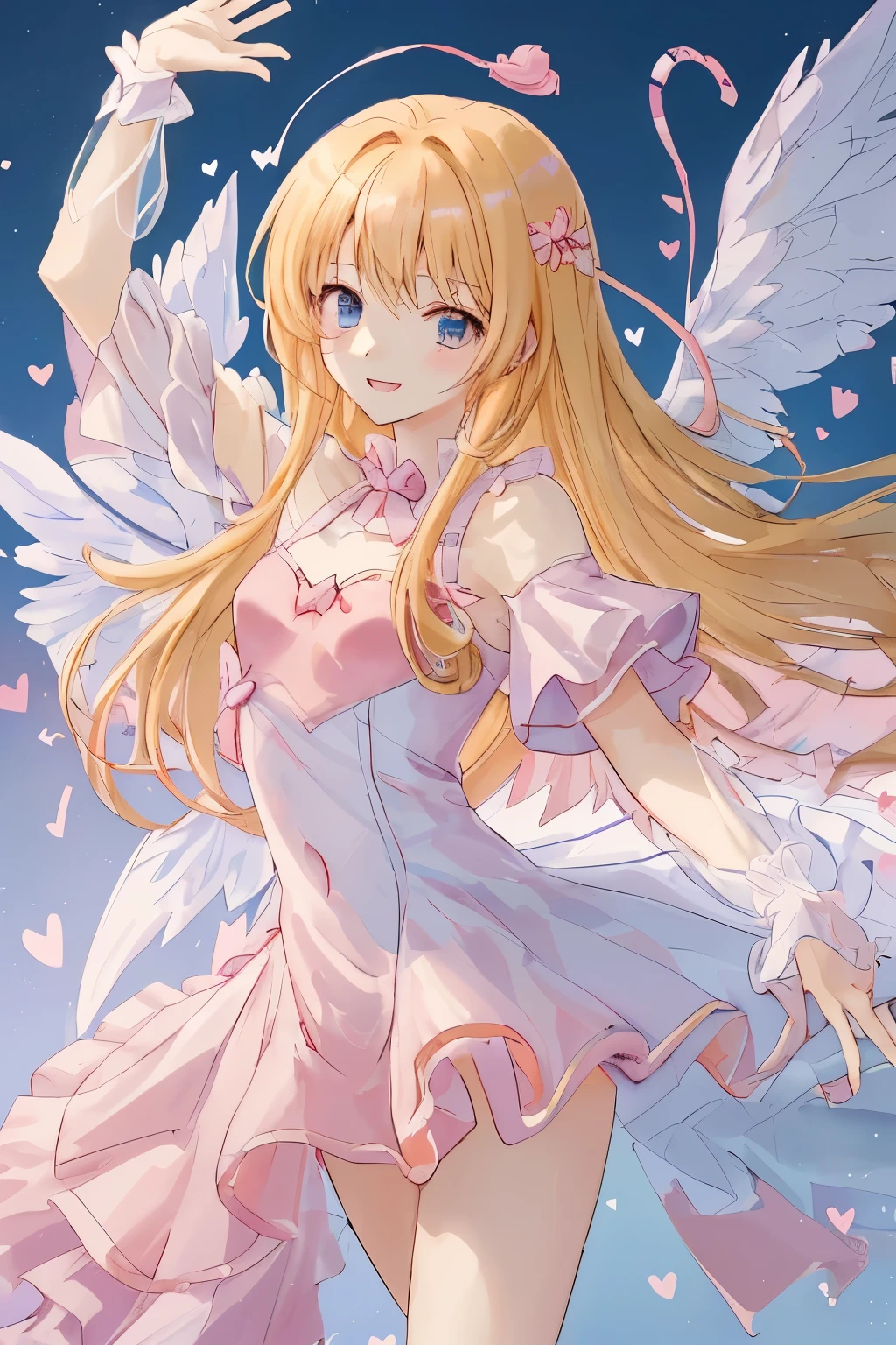 1_girl, (anime, kawai:2), (masterpeice, best_quality, simple, cute, dreamy, vibrant, clean:1.5), (cute, cute_smile, young:1.8), (delicate, beautiful, thin:1.5), (girlfriend, angel:1.6), (green_eyes, simple_eyes:1.5) (long_hair, blond_hair, wearing_pink_dress, pink_angel_wings, sexy_gloves:1.8), extremely_delicate, (love_magic:1.5), (age_size_fits_body), (small_thighs:1.3), (breasts), (eye_level:1.3), (heart_magic, love:1.5), (dancer:1.3)