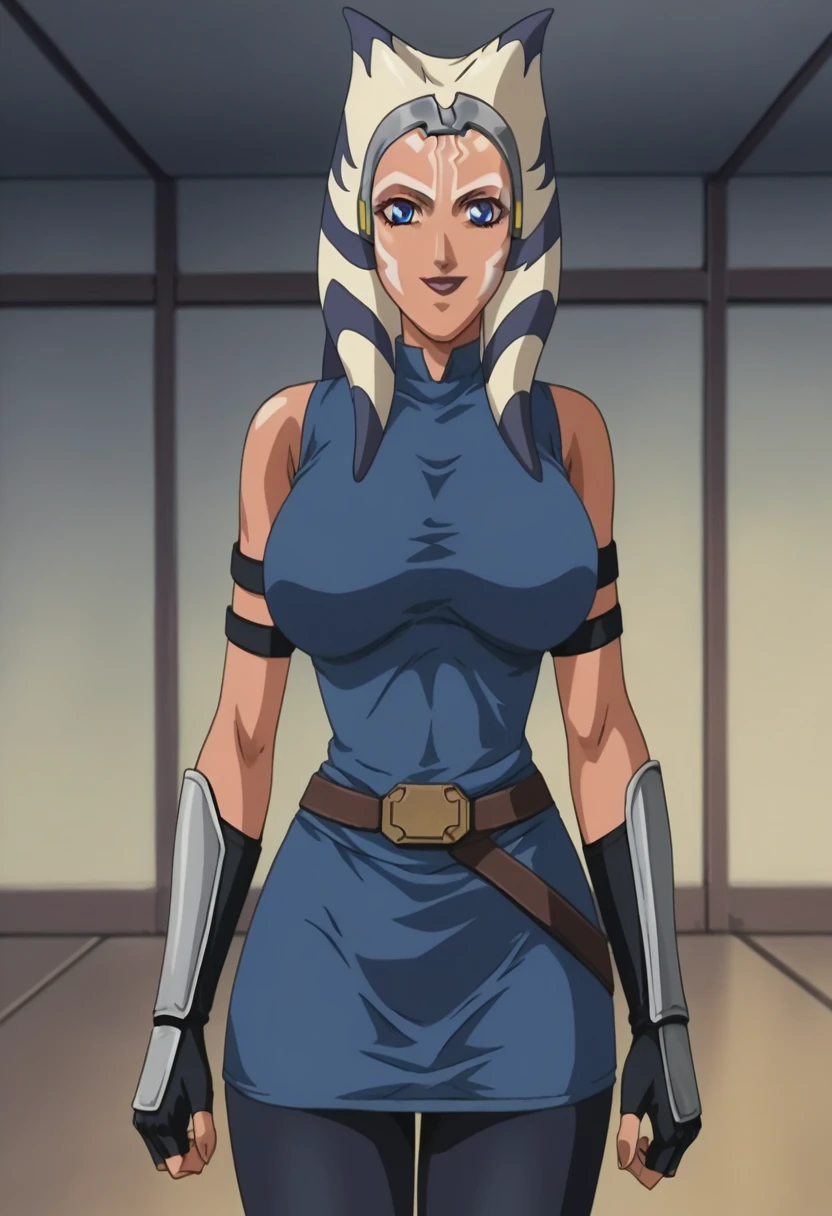 score_9, score_8_up, source_anime Bibl3, (masterpiece, best quality, ultra-detailed), AhsokaTano, busty shortstack, short, curvy, orange skin, dark tan, blue eyes, makeup, huge breasts, heavy breasts, blue shirt, vambraces, fingerless gloves, hip armor, wide hips, blue skirt, blue leggings, wet pussy, swollen pussy, cameltoe, detailed pussy, looking at ahead, indoors, cute, smile