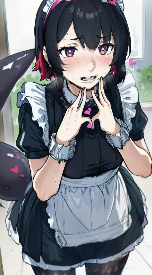 1girl,((black hair))
BREAK ((ellen joe, black hair, colored inner hair, multicolored hair, (red eyes:1.3), red hair, short hair, two-tone hair,apron, black pantyhose, black shirt, black skirt, ear piercing, fins, fish tail, maid, maid apron, maid headdress, pantyhose, piercing, puffy short sleeves, puffy sleeves, shark girl, shark tail, shirt, short sleeves, skirt, tail, two-tone hair, wrist cuffs,:1))
BREAK ((sweating,blushing,open mouth,heart-shape pupil:1.6))
BREAK indoors,
BREAK looking at viewer, 
BREAK (masterpiece:1.2), best quality, high resolution, unity 8k wallpaper, (illustration:0.8), (beautiful detailed eyes:1.6), extremely detailed face, perfect lighting, extremely detailed CG, (perfect hands, perfect anatomy),