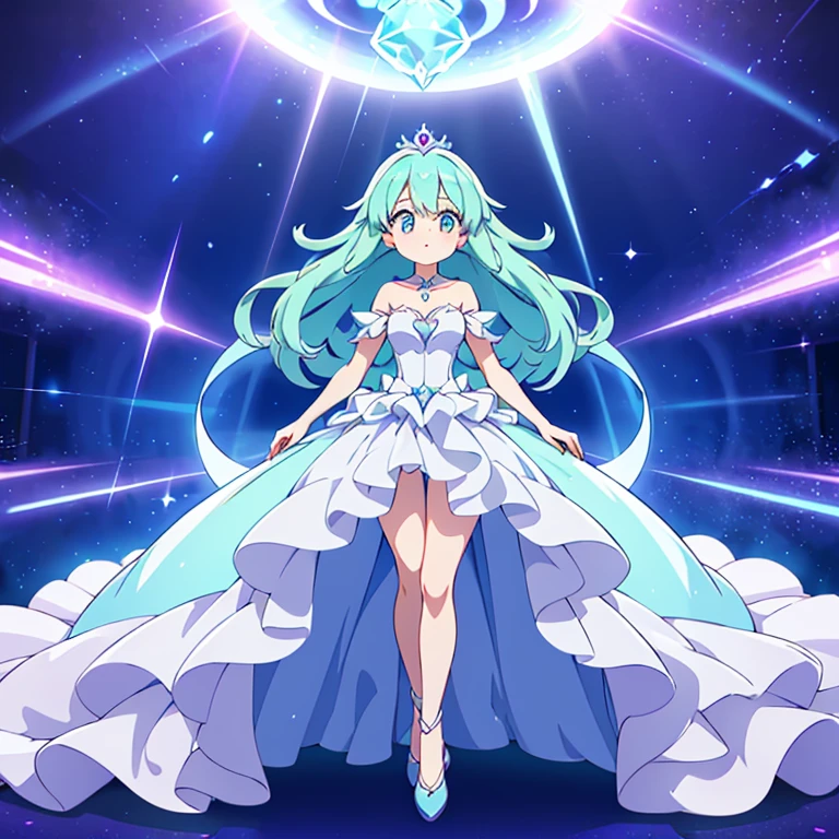 Full body, beautiful eyes , 1 girl  , full body , cute girl , anime style , cute eyes  , (standing up) , ( Spectralon has a wispy, translucent form that shimmers with an otherworldly glow. Its body appears to be composed of ethereal energy, constantly shifting and changing in shape. The Pokémon's eyes are large and luminous, glowing with a haunting light that can pierce through the darkness. Spectralon's form is often surrounded by an aura of swirling, spectral energy that adds to its mysterious and ghostly appearance.) , (ball gown) , crown , hidden legs ,( princess) , (ballgown covers legs)