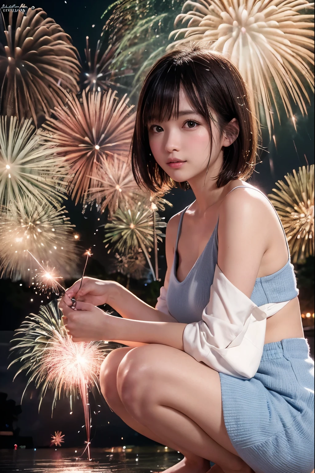 Perfectly Anatomically Correct:1.4, 5 Beautiful finger:1.4, 
1 Japanese Girl, Very Short Hair Bun:1.2, Wide-Set Eyes, Very White Skinned, Blush, Bashfully, 18-Year-Old, Open Mouse Slightly, 
Cute Eyes, Brown Hair, Wet Hair, Cheerful, Light Smiling, 
(Japanese Sparklers Within Reached Arm:1.4), 
(Point Fireworks at Viewer:1.4), 
Squatting:1.2, (Pale-Blue Japanese Clothes), 
Non-Nipple:1.2, 
Looking Down Viewer:1.2, from Side, from Below, 
Riverside, Grass, 
 BREAK 
8K, RAW Photo, Best Quality, Masterpiece, Realistic, PhotoRealistic, Extremely Detailed 8K Wallpaper, Beautifully Detailed Eyes, Finely Detailed Face, POV Shot, 
 BREAK 
High-Key Lighting, Professional Lighting, Bokeh:1.4