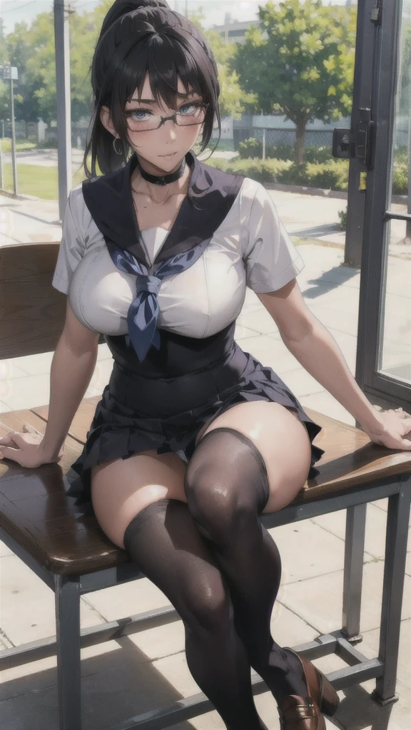 ((Correct Anatomy)),(Female student),((school uniform)),((Sailor suit)),((White lace panties)),(Mini Pleated Skirt),(((black tights))),Ultra-high resolution,Mature Woman, Mature Woman, Very detailed,Sunburned skin,Brown Skin,((Beautiful feet)),(Big Breasts),((Beautiful legs)),Perfect hands, Detailed fingers, Beautiful details, ((Long Hair)),((ponytail)),Black Choker, Earrings,loafers,Glasses,Embarrassing,Perfect Eyes, Captivating eyes,(School)