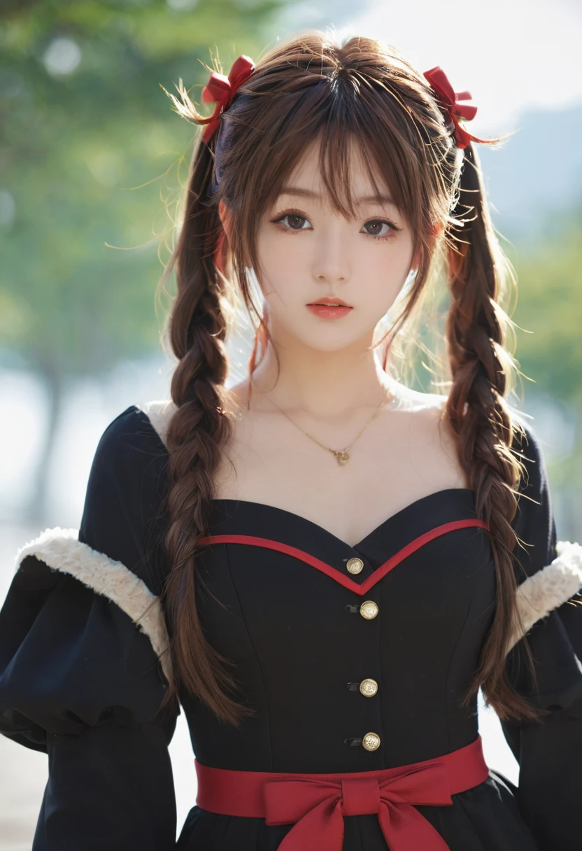 (hyper extreme detailed),(masterpeace),(hyper extreme),(photorealistic),CG,(colour:1.2), beautiful lighting,light from the front,rating:safe,solo, haruna,four horns,brown_hair,twintails,long_hair,red eyes,hair_ornament,zettai_ryouiki,thigh_boots,short_dress,wide_sleeves,black pants,