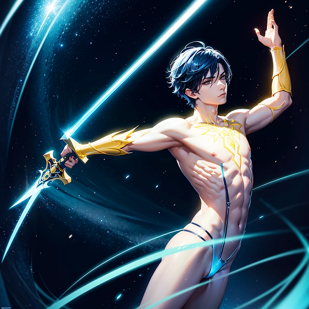 a beautiful male angel, short hair, glowing yellow aura, blue aura, holding a sword, remaking galaxy with sword swings, highly detailed, cinematic lighting, vibrant colors, dramatic composition, digital painting, concept art, award winning, 8k, photorealistic, white outfit, no sexiness