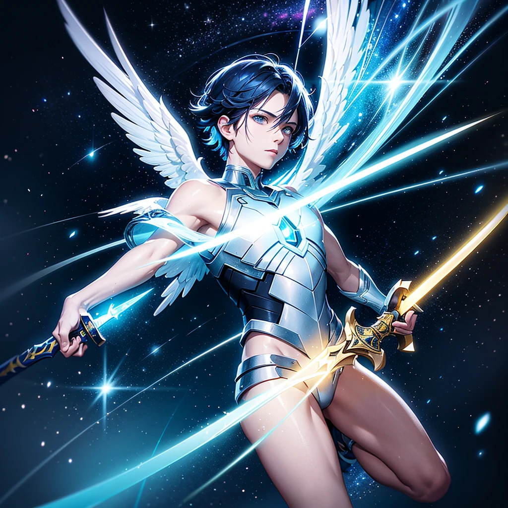 a beautiful male angel, short hair, glowing yellow aura, blue aura, holding a sword, remaking galaxy with sword swings, highly detailed, cinematic lighting, vibrant colors, dramatic composition, digital painting, concept art, award winning, 8k, photorealistic, white outfit, no sexiness