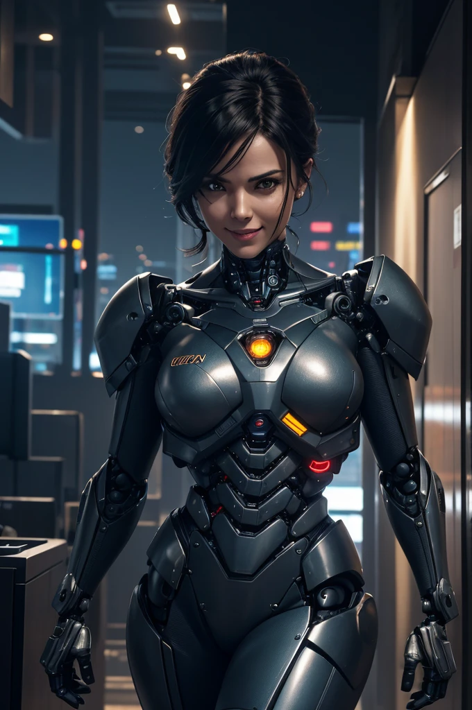 A female detective who has been turned into a criminal robot.　mechanical body　Infiltrate offices late at night and steal data　Evil grin, UHD, retina, masterpiece, ccurate, anatomically correct, textured skin, super detail, high details, high quality, award winning, best quality, highres