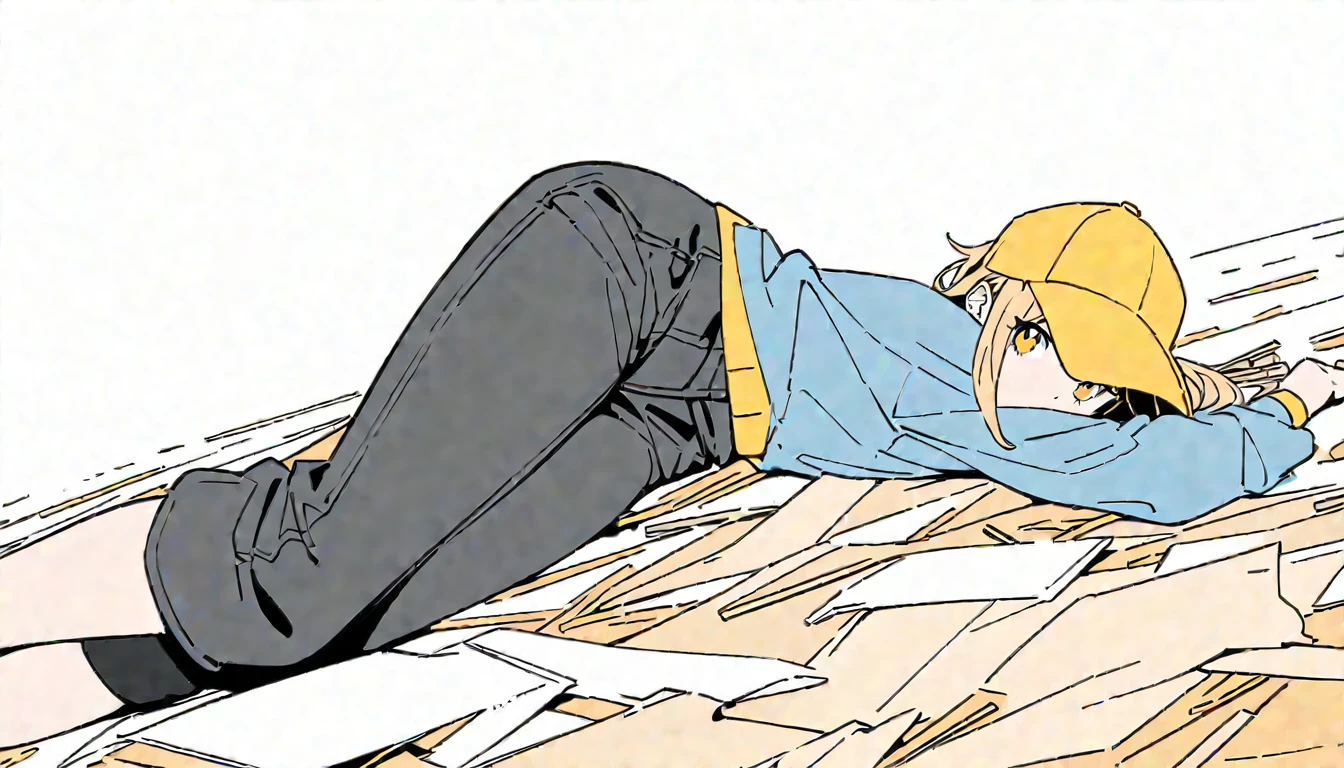 flat color,(best quality, masterpiece, ultra highres, ultra-detailed:1.2) , top-tier quality, tween girl,((There are too many beige disposable chopsticks on the floor)),plain Yellow cap,plain Sky-Blue Polo-Shirt,black pants,blank space,white background,White floor,