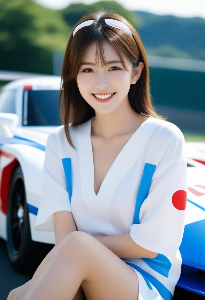 8K, Ultra-high resolution, Highest quality, masterpiece, 三分割法によるphotograph,Surreal, photograph, 1 Girl, (:1.3), pretty girl, Cute face, Beautiful eyes in every detail, 細かくdetailedに,masterpiece,, One Girl:1.2, Japan Female Announcer, blue sky, Confetti, Racing Car, flag, Small face, Very delicate facial expressions, Delicate eye depiction, Very fine hair, Upper body close-up, erotic, The only sexy Japanese woman, Healthy body shape, 16 years oldeen, Sexy long legs, Glowing Skin, Soft Skin, 派手なRace Queenのコスチューム, Bra Top,Red tight skirt, White Leather Long Boots, Auto Racing Track,Beautiful leg line beauty,Captivating thighs,Full of sex appeal,Sensual,A carefree smile,Heal the heart,Short ponytail、beauty,Long neck、Laugh a little、Please close your mouth and laugh、(((Ideal body type))),A cup small breasts :2,、Portraiture:2、Perfect Anatomy、鮮明なdetailed、detailed、Surreal、Light and shadow,Strong light