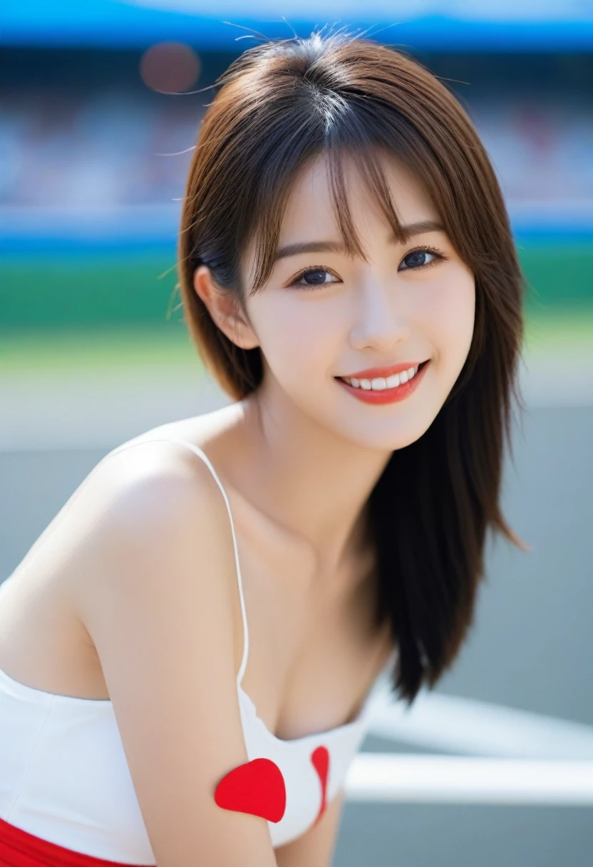 8K, Ultra-high resolution, Highest quality, masterpiece, 三分割法によるphotograph,Surreal, photograph, 1 Girl, (:1.3), pretty girl, Cute face, Beautiful eyes in every detail, 細かくdetailedに,masterpiece,, One Girl:1.2, Japan Female Announcer, blue sky, Confetti, Racing Car, flag, Small face, Very delicate facial expressions, Delicate eye depiction, Very fine hair, Upper body close-up, erotic, The only sexy Japanese woman, Healthy body shape, 16 years oldeen, Sexy long legs, Glowing Skin, Soft Skin, 派手なRace Queenのコスチューム, Bra Top,Red tight skirt, White Leather Long Boots, Auto Racing Track,Beautiful leg line beauty,Captivating thighs,Full of sex appeal,Sensual,A carefree smile,Heal the heart,Short ponytail、beauty,Long neck、Laugh a little、Please close your mouth and laugh、(((Ideal body type))),A cup small breasts :2,、Portraiture:2、Perfect Anatomy、鮮明なdetailed、detailed、Surreal、Light and shadow,Strong light