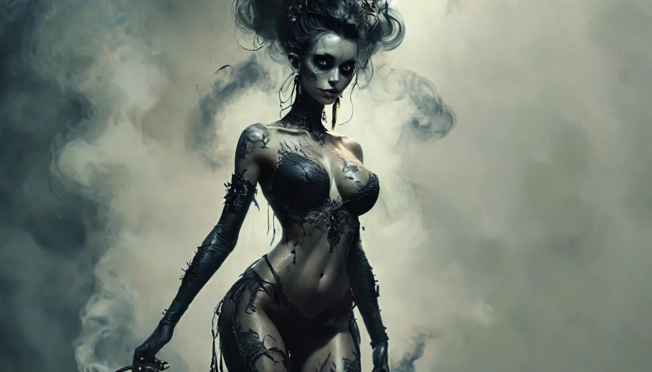 A creature of smoke, a face forms from the darkness, eyes of pure black, voodoo queen, seductive, full body arms at her side, very skinny and tall with large breasts