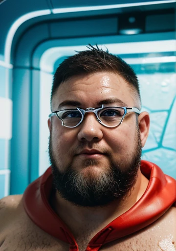 looking directly at camera lens, one close to face, best quality, highres, hires, skin definition, detailed skin, detailed deep caring eyes, detailed face, (Caucasian:1.5), lifelike, 4k, 8k, (photorealistic:1.5), realistic, uhd, a tall, ((short flowing 4 inch salt and pepper beard and hair)), wearing a cloak. The style of the image is fantastical and epic, with an air of wisdom and power emanating from the character. 😙 Wearing transparent red prescription glasses,(((He is very chubby ((He is very chubby and has a white Speedo, in a huge swimming room he wears no clothes, ))), Inside the spacecraft. (((Full body photography Full body photography ))), Inside the spacecraft.))) ))), Inside the spacecraft.