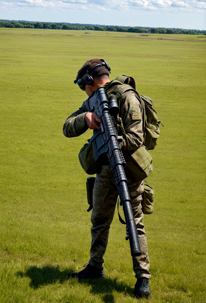 Picture of a person holding an M16 and shooting at grass. The picture shows a wide grass field.