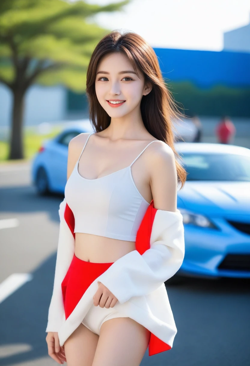 8K, Ultra-high resolution, Highest quality, masterpiece, 三分割法によるphotograph,Surreal, photograph, 1 Girl, (:1.3), pretty girl, Cute face, Beautiful eyes in every detail, 細かくdetailedに,masterpiece,, One Girl:1.2, Japan Female Announcer, blue sky, Confetti, Racing Car, flag, Small face, Very delicate facial expressions, Delicate eye depiction, Very fine hair, Upper body close-up, erotic, The only sexy Japanese woman, Healthy body shape, 16 years oldeen, Sexy long legs, Glowing Skin, Soft Skin, 派手なRace Queenのコスチューム, Bra Top,Red tight skirt, White Leather Long Boots, Auto Racing Track,Beautiful leg line beauty,Captivating thighs,Full of sex appeal,Sensual,A carefree smile,Heal the heart,Short ponytail、beauty,Long neck、Laugh a little、Please close your mouth and laugh、(((Ideal body type))),A cup small breasts :2,、Portraiture:2、Perfect Anatomy、鮮明なdetailed、detailed、Surreal、Light and shadow,Strong light
