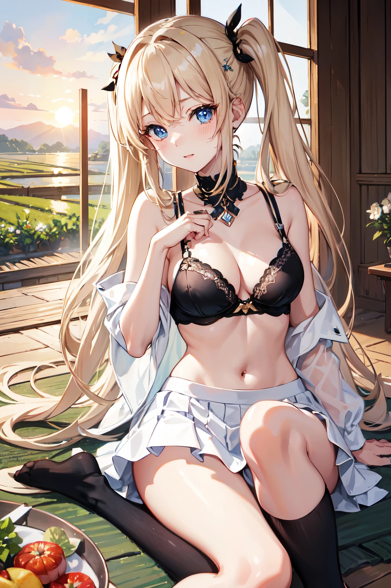 Absurd, Ultra-detailed,Bright colors, Very beautiful and detailed anime faces and eyes, View from the front, ;d, Shiny_skin,Age 25, , Sheer white 、Black socks、Checkered skirt Stylish bra, Asymmetrical bangs, Blonde hair in short pigtails, Shiny髪, Boobs Delicate Beautiful Face, blush、(Deep blue eyes:1.3)、evening、There are many rice fields, Sunset over many fields、Orange View、Small Necklace、