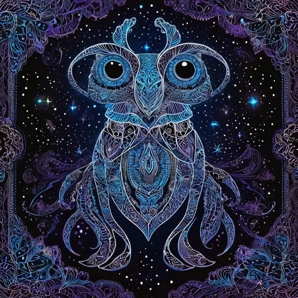 Create a visually stunning and captivating representation of never-before-seen magical creatures from Mars. These creatures are both cute and dark, with a unique bioluminescent quality. The design should incorporate elements of zentangle art, with intricate and mesmerizing patterns. The creatures should appear in a 3D format, with a cinematically-inspired background. Emphasize the mysterious and awe-inspiring nature of these creatures through the use of dark colors and contrasting bioluminescent zentangle lines. The final result should be a mesmerizing and otherworldly depiction of these unknown beings from the red planet.