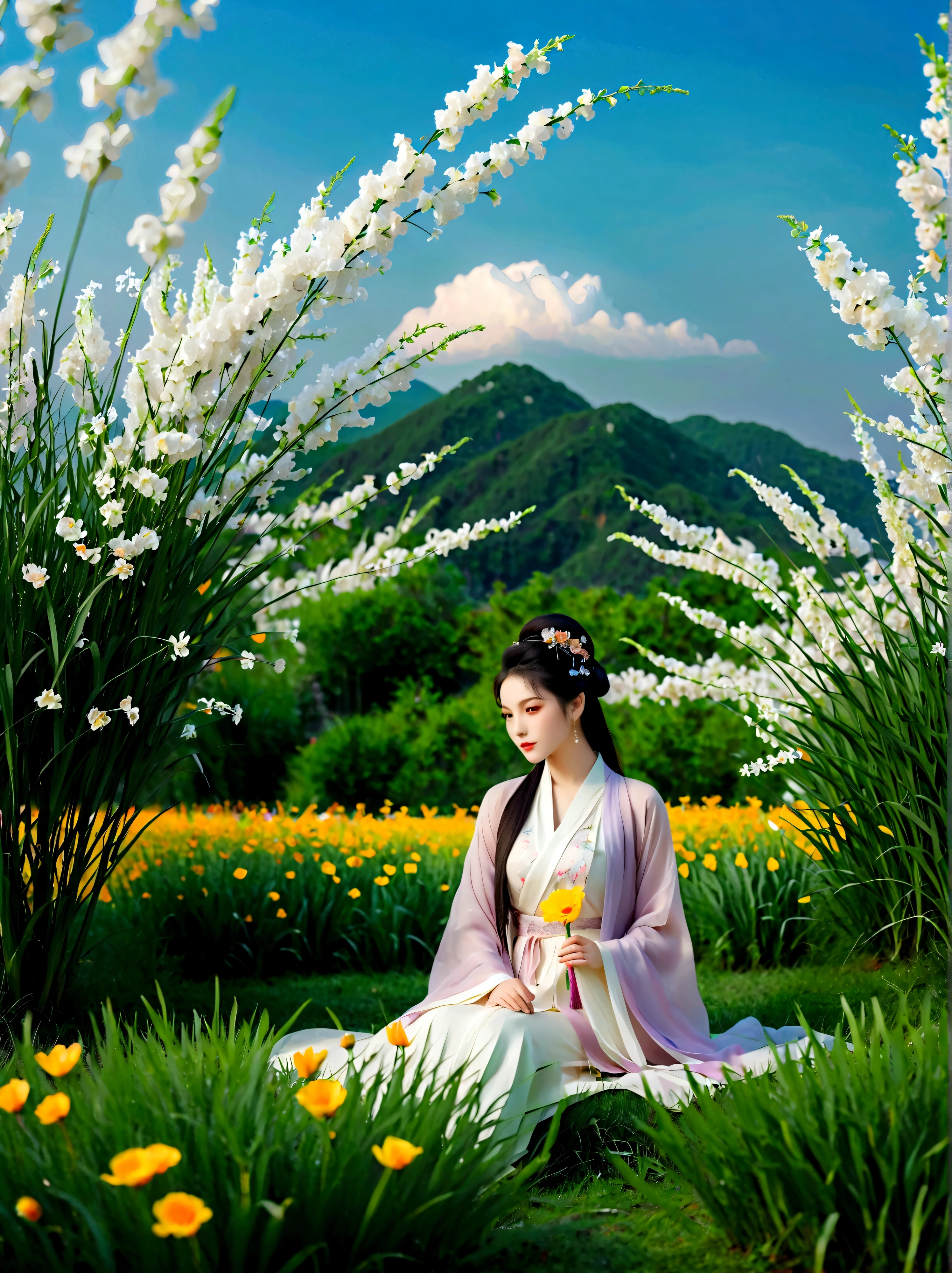 spring,1girl,((beautiful eyes)),((Perfect and refined limbs)),Sitting,在Grass地上,tent,flower,outdoor,Tree,landscape,daytime,Sky,cloud,Grass,橙flower,白flower,nature,Vague,红flower,(masterpiece,Best quality:1.2),lifelike,Reality,梦幻般的Light芒,错综复杂的detail,Ultra Detailed,detail,High contrast,美丽细致的Light芒,Bright,更多detail,精细发Light,very fine 8K CG wallpaper,Depth of Field,Abuse of color difference,Soft colors,非常精致的Light线,眩Light,Light,Light粒子,reflection,