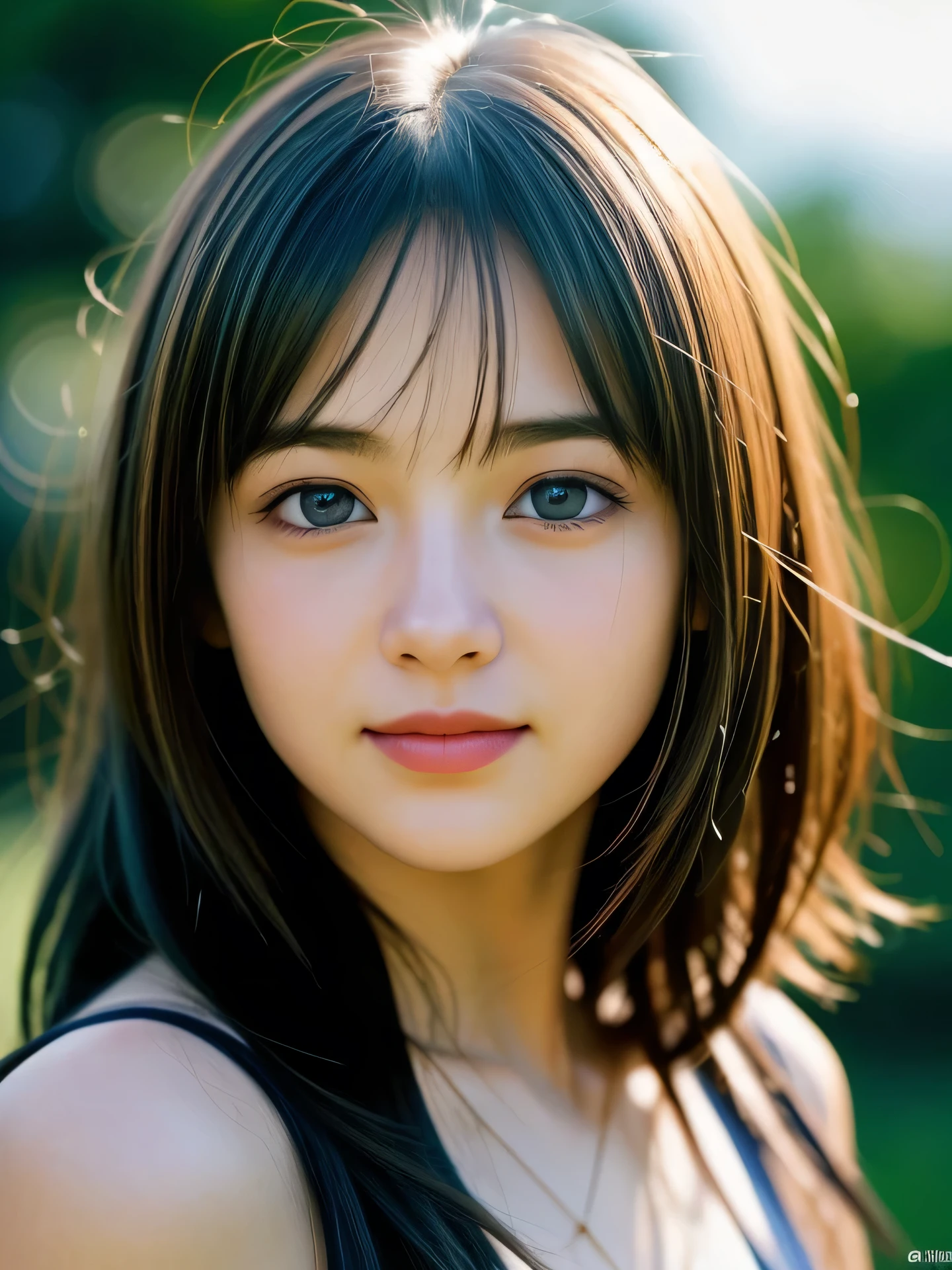 (Photo Real:1.4), (hyper realisitic:1.4), (Smooth lighting:1.05), 1 girl, teenager, blue eyes, happy, shy, smile, looking away, Close-up of the face, Soft lighting, Back lighting, (Finest Real Textured Skins), Super fine face, glowy skin, retinas, Anatomically correct, (Wavy medium Hair:1.1), bangs, Textured skin, High quality, high details, Best Quality, High resolution,