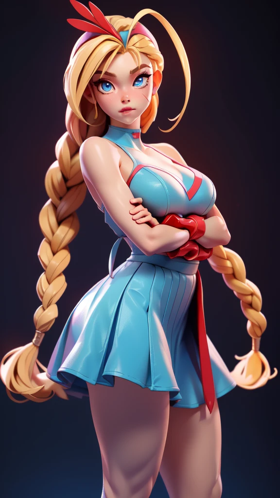 whole body, masterpiece, best quality, high resolution, 1 Girl, Cami White, Double braid, Long hair, Blonde hair, Antenna hair, (Red headdress:1.3), Large Breasts,blue eyes, Scar on cheek, (((Ballet skirt))), Big breasts 36 DD, permanent, outdoor, Keep your arms at your sides, straight on,