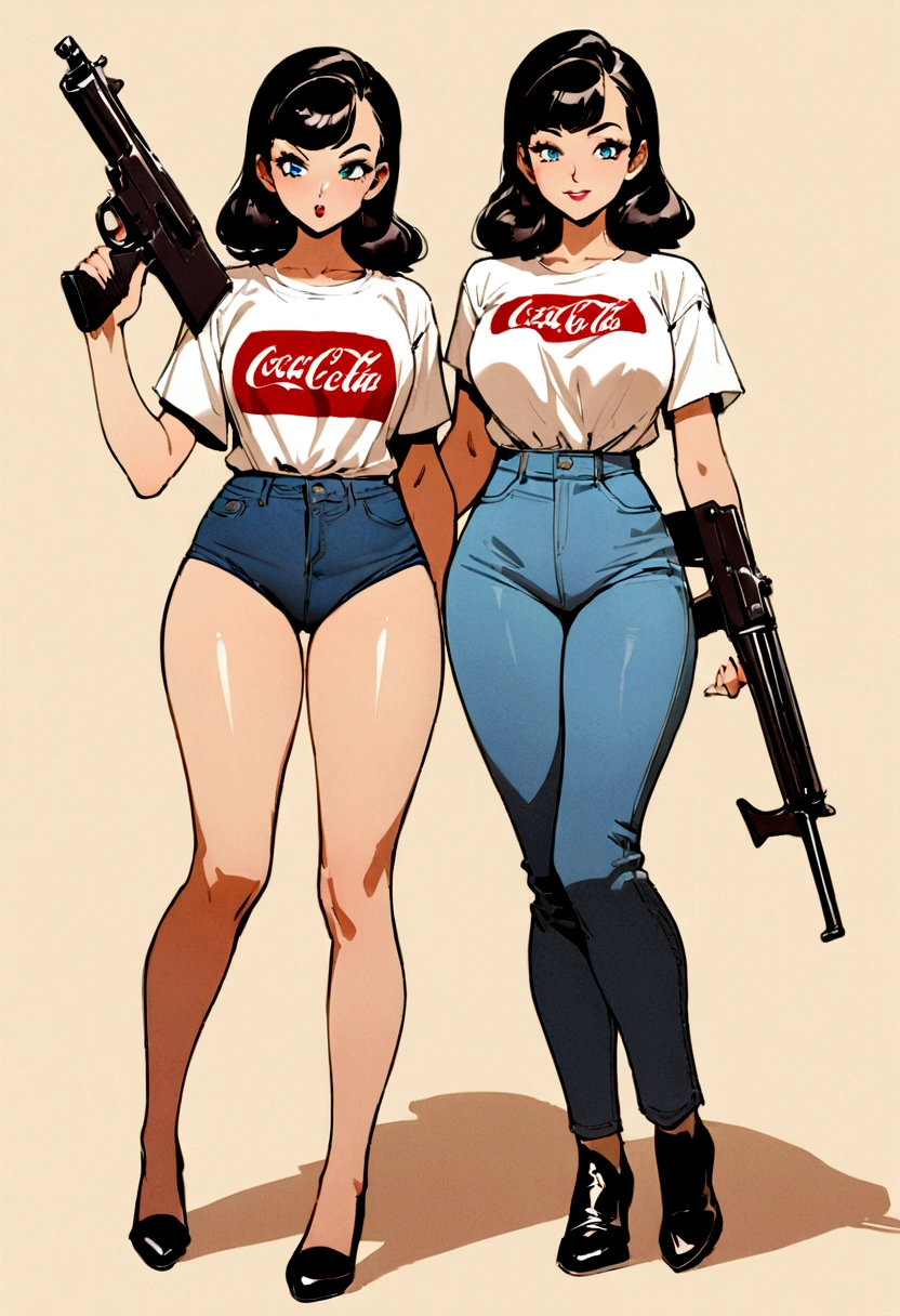 (vintage),(Retro),(Cartel), Coca Cola advertising with 2 perfect girls, clothing oversized blue jeans and white t-shirt with open waist(sexy), military environment, Masterpiece, Firearms, full body image 
