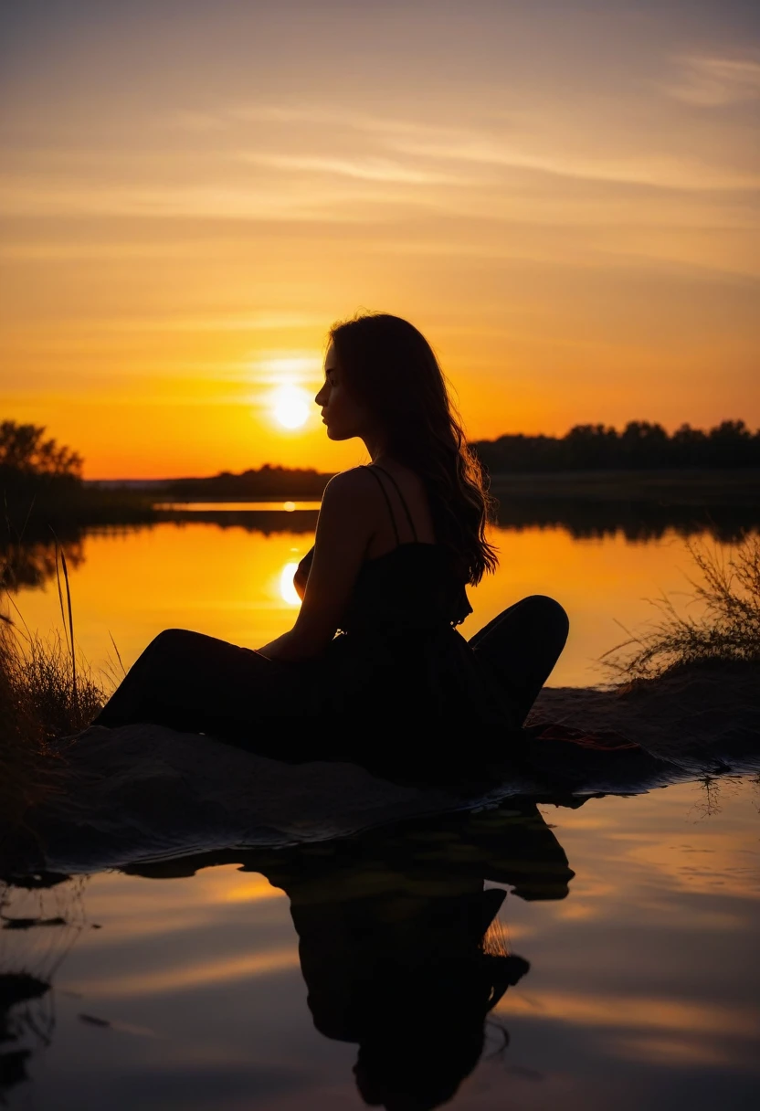 realistic photo, evening pond, peace and quiet, dark silhouette of a beautiful woman sitting on the shore against the background of the setting sun, reflections on the water, beautiful colors, dark shadows, low angle shot, close-up, raw photo