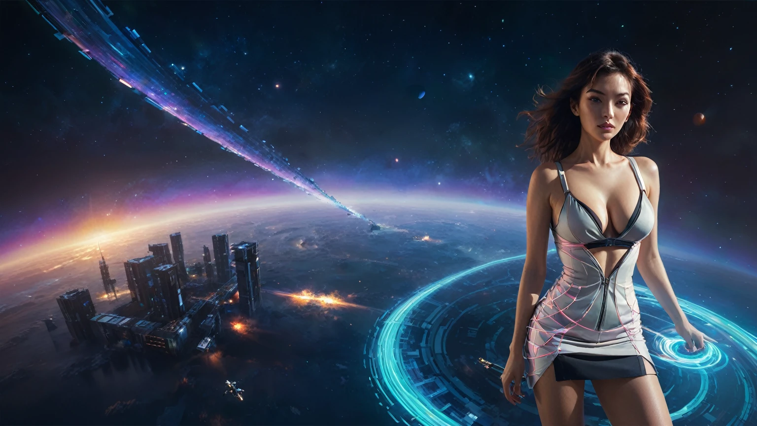 brightly colored abstract image of a space station with a spiral, epic beautiful space scifi, chaotic cinematic space rift, greg beeple, planets colliding, beeple and tim hildebrandt, beeple and jean giraud, end of the universe, galaxy space sci-fi, ringworld, by Mike "Beeple" Winkelmann. Matrix style, (((((Matrix cascading code))))), (((((a futuristic twin tower skyscraper with a unique twisted design))))), (((((OLED GUI interfaces in the building))))), at night, (((((1girl, solo))))), photo realistic, (((large-breast:1.2 slim body, cleavage))), (((off broken mini sling-shirt and black sling bra, extreamly short pleated miniskirt exposing panty))), (((((running pose))))), (((((matrix style black sunglasses))))), ((((((((((aiming with a short gun)))))))))), (((((looking at camera))))), (((very low view))), (((((half-body thigh level medium shot))))), (((cinematic lighting))).