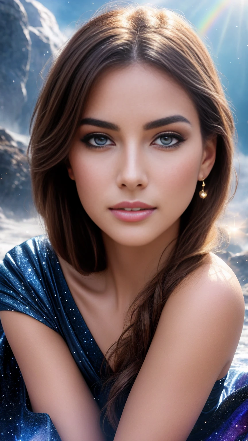 Full body, Masterpiece, an ultra hot gorgeous European woman , High Detail Eyes, Perfect Eyes, Portrait, High Detail Face, Same Eyes, brown lace skirt, (dynamic crouching pose), Glare, Rainbow Color, Global Illumination, Soft Light, Dream Light, Digital Painting, 8K Close-up, Fantasy, Night Sky, Stars, Nebula, White Crystal, Moonlight, Serenity, Summer, (8K:1.1)