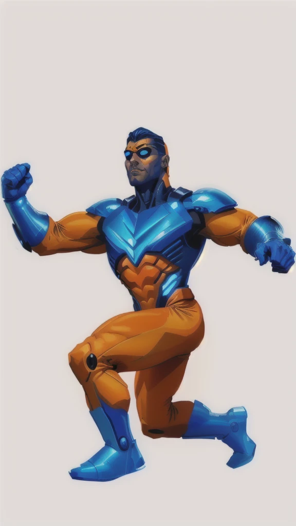 master piece, 8k detail, a close up of a drawing of a man in a blue suit, orange gloves and orange eye goggles, , full portrait of electromancer, fantastic non human character, 90s comic book character design, comic book character, thunder man, heroic masculine pose, caracal cyborg, full body concept, some orange and blue, vibrant fan art, no backdrop, white background.