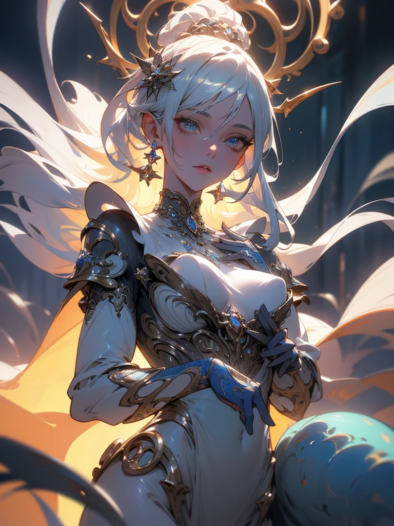 High definition RAW color art, 1womanELF,beautiful ,Animation,sculptures, Silver Marble Skin, (((Ultra detailed elegant))), Magical atmosphere, Detailed skin, Texture,(Intricately detailed, Fine detail, ultra-detail art), depth of fields, Bokeh, Silky Touch, Hyper Detail, Matte Drawing, (gear factory), beautiful eyes, elegant face, neon light, cute breast, looking sideways,