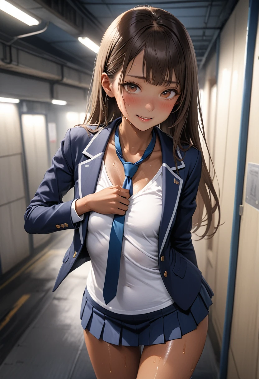(masterpiece,Highest quality:1.3,best quality illustration,realistic),cowboy shot,1woman,20 year old Japanese beauty,(very small head),Long brown hair,bangs,brown eyes,gorgeous eyes,blush,smile,small breasts,(very long body),(toned body,slender body,skinny,tan skin),(Navy uniform navy blue blazer jacket、White Shirt、Navy blue tie、Navy blue tight mini skirt),gleaming skin,shiny skin,(sweat:1.3),standing,Naval Base、Tokyo、