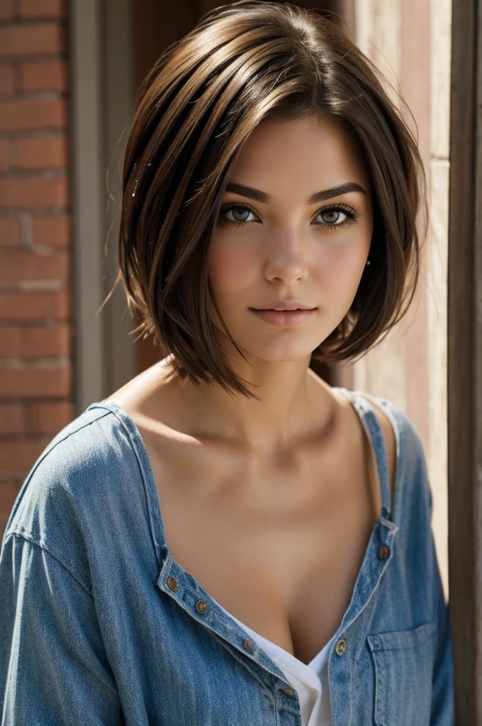 Portrait of beautiful brunette girl with short hair almost flush