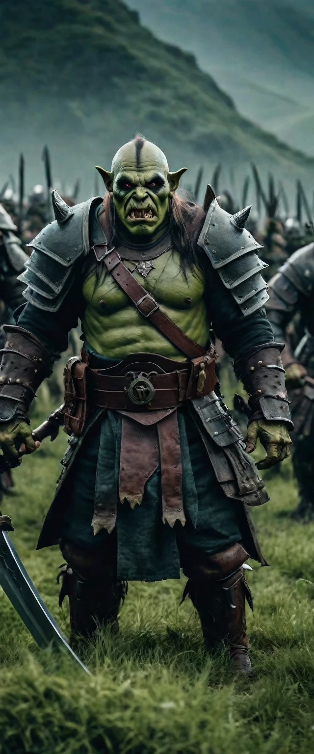 cinematic photo cinematic photo full frame wide shot , Horror-themed (greenskin) cinematic a battlefiels full of scary orcs in asian armour all crammed close together on a grassy battlefield, amour colourful intricate!!, carrying a polearm, full body character design high budget, bokeh, cinemascope, moody, epic, gorgeous, film grain, grainy . Eerie, unsettling, dark, spooky, suspenseful, grim, highly detailed. . 35mm photograph, film, bokeh, professional, 4k, highly detailed . 35mm photograph, film, bokeh, professional, 4k, highly detailed