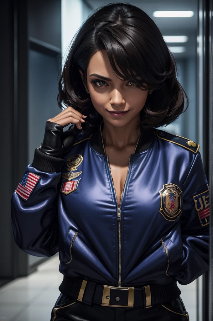 A female detective who has been turned into a criminal .　satin bomber jacket, guns, Infiltrate offices late at night and steal data　Evil grin, UHD, retina, masterpiece, ccurate, anatomically correct, textured skin, super detail, high details, high quality, award winning, best quality, highres
