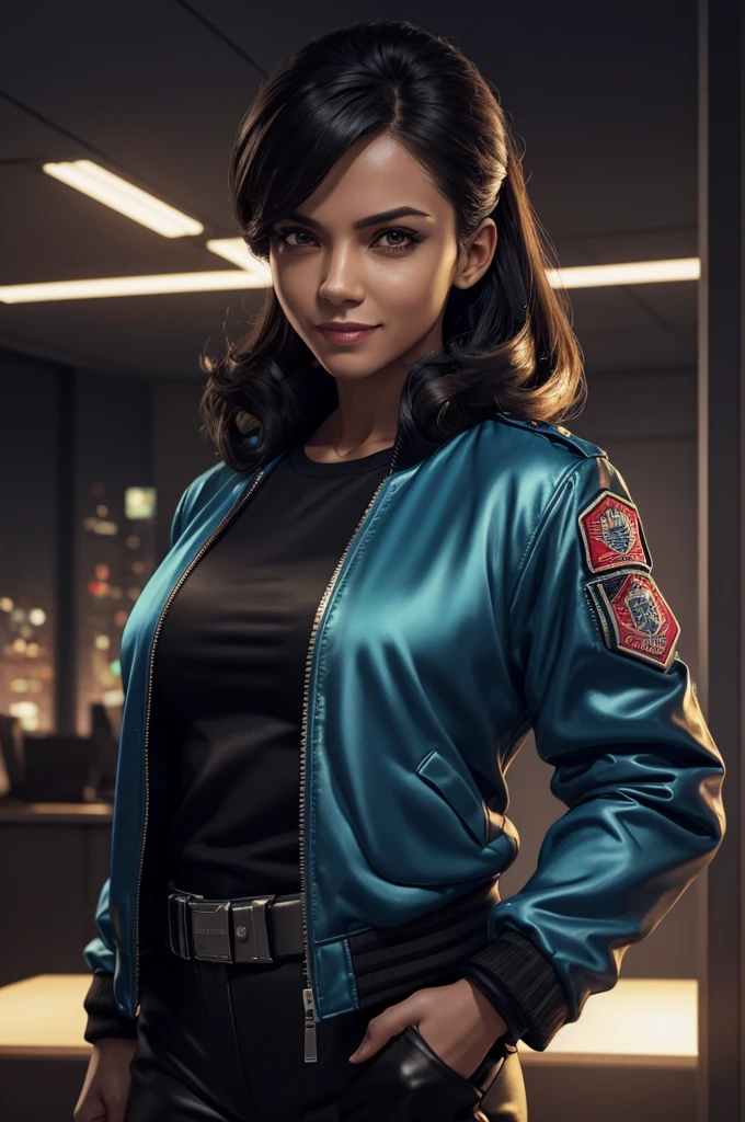 A female detective who has been turned into a criminal .　satin bomber jacket, guns, Infiltrate offices late at night and steal data　Evil grin, UHD, retina, masterpiece, ccurate, anatomically correct, textured skin, super detail, high details, high quality, award winning, best quality, highres