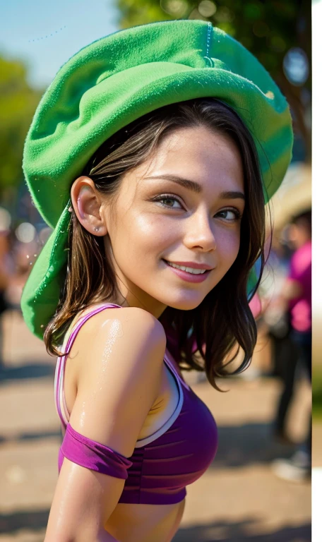 Photo oF a 16 year-old mexican girl , brunette girl .RAW, beautiful woman , Teenage model  , Brown hair , brown hair  ((portrait)), ((detailed face:1.2)), ((Detailed facial features)), (finely detailed skin) , green eyes , 、a sexy(color fresco), wet, wet, ReFlectoreasutepiece) (perfect proportions realistic)(The best quality) (detailed) Photographed with a Canon EOS R5, 50mm lens, F/2.8, NFFSW, (8k) (wallpaper) (cinematic lighting) (dramatic lighting) (sharp focus) (Convoluted) medium breasts, medium breasts , wide hip , nice legs , thin girl ,  whole body , beautiful teenage body  ,cute makeup , big smile , Red lips  , dynamic photo, park  , meal , evening , smiling girl smile , happiness , usa outfit color verde , oitfit casual color verde  , green hat 